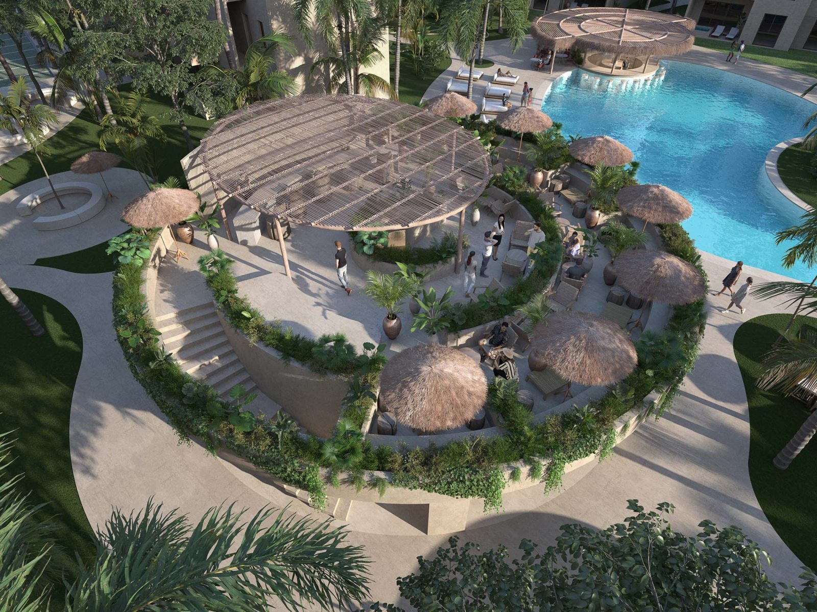 Palapa lounge terrace beside the lagoon pool at Secret Garden Condos